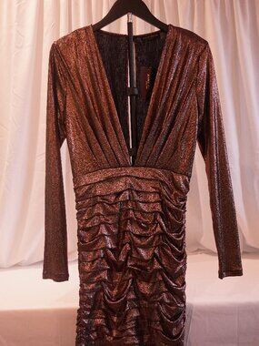Ramy Brook Willow Dress Size 8 Bronze Metallic Ruched Long Sleeve Mini NWT